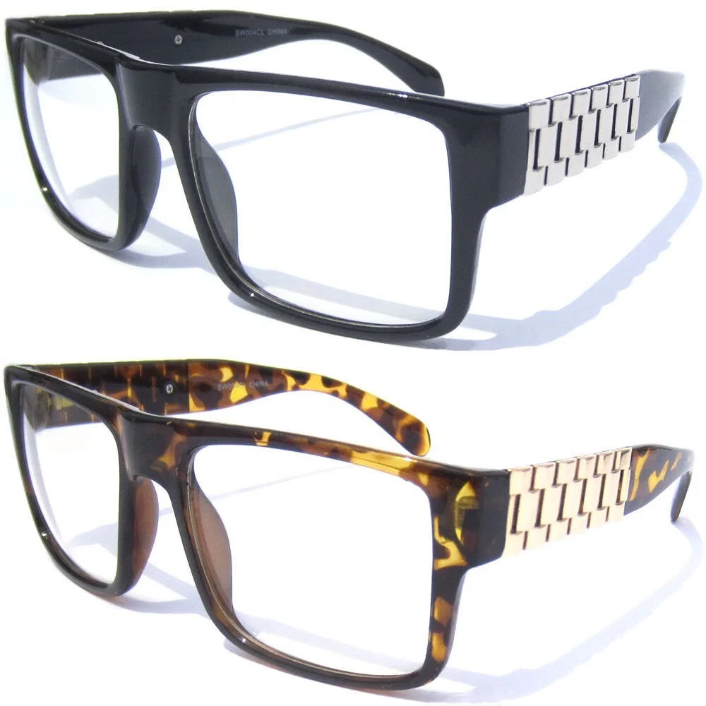 Bold Frame Clear Lens Eye Glasses Mens Metal Link Chain Side Arm Square Eyewear