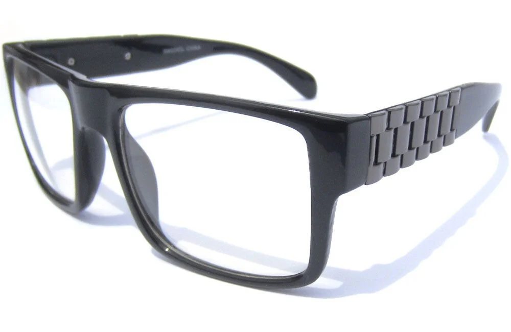 Bold Frame Clear Lens Eye Glasses Mens Metal Link Chain Side Arm Square Eyewear 2