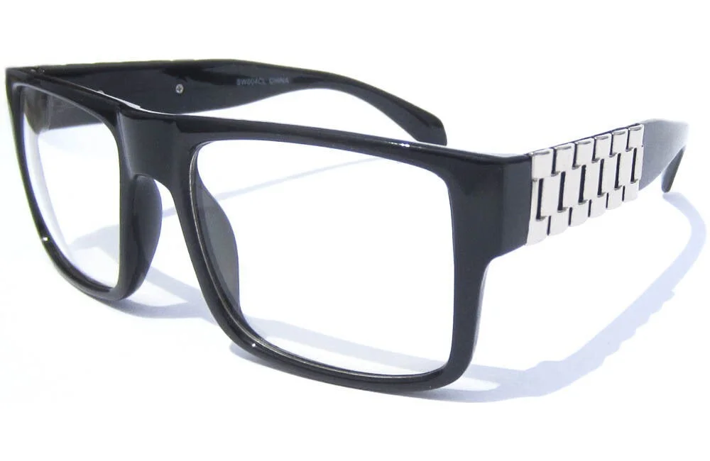 Bold Frame Clear Lens Eye Glasses Mens Metal Link Chain Side Arm Square Eyewear 3